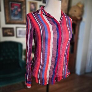 Equipment Femme Silk Blouse Sheer XS Striped Red Blue White Button Down Shirt